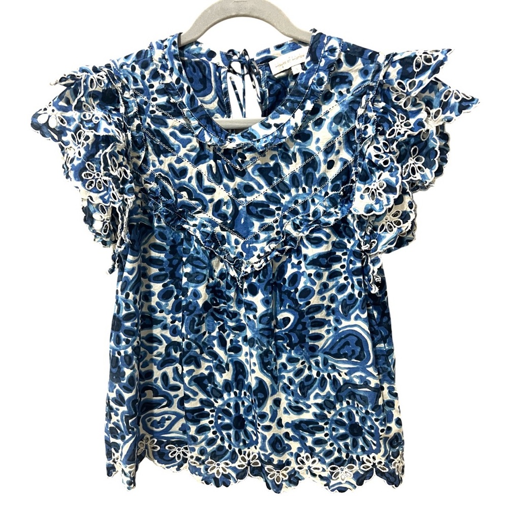 House Of Harlow Floral Blue Eyelet Ruffle Sleeve Top SZ S EUC